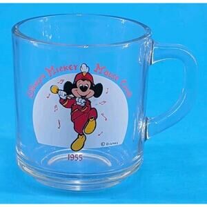 Mickey Mouse Disney Club 1955 Collectible Clear Glass Coffee Tea Mug Vintage USA